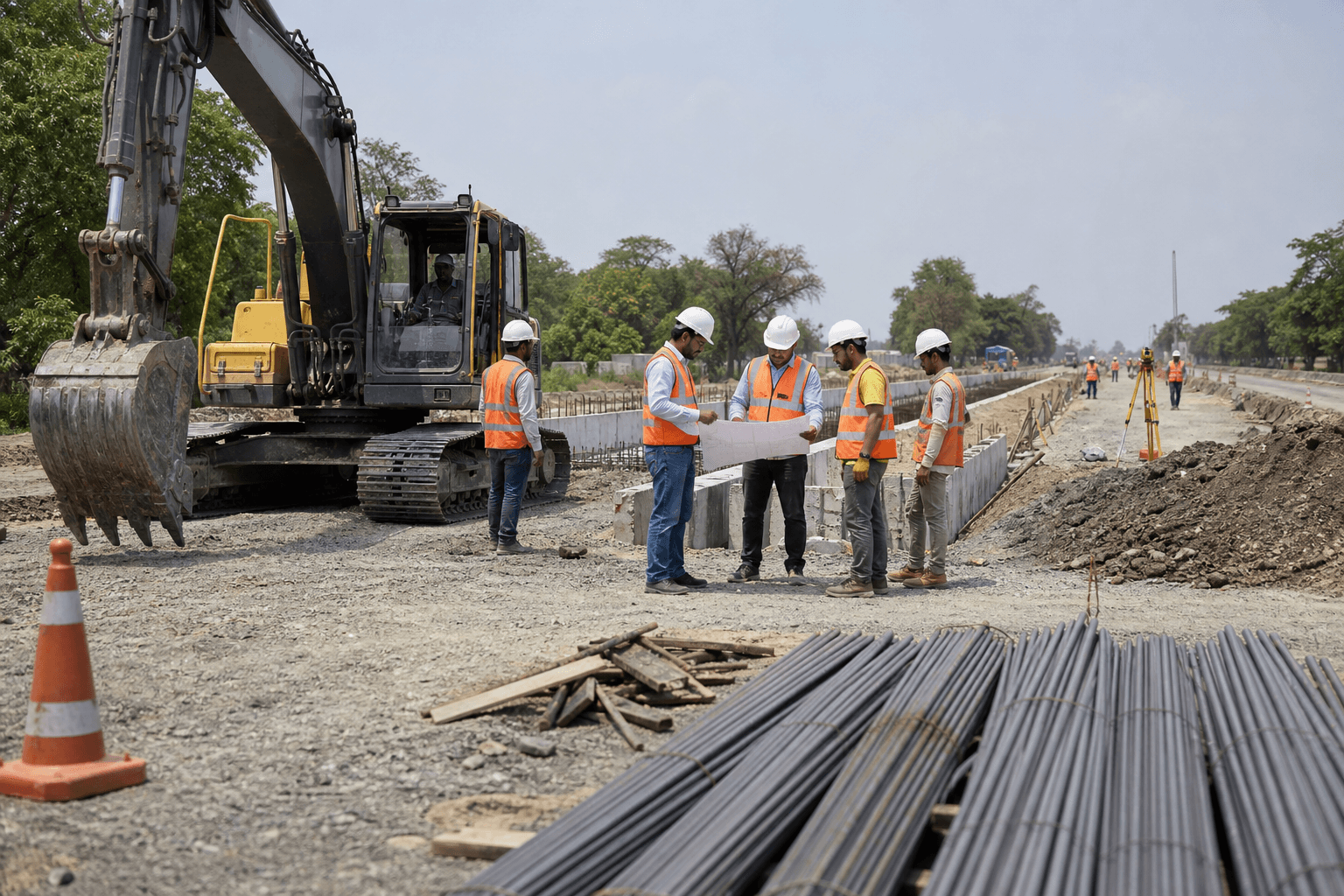 Civil site execution with machinery, materials, and workers coordinating roadwork